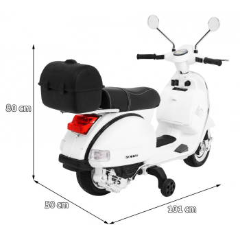 Skuter Vespa elektryczny dla dzieci Biały + Kółka pomocnicze + Audio + Ekoskóra + EVA + Wolny Start